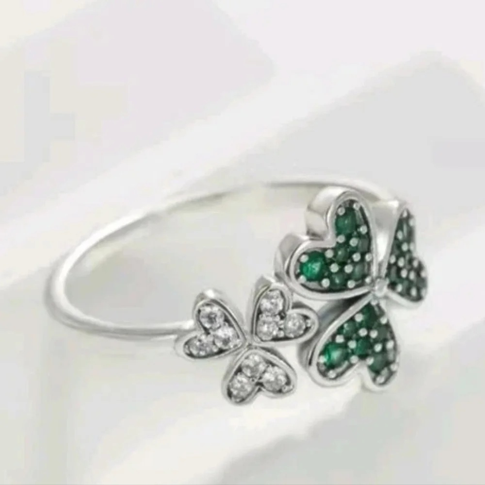 St Patrick Shamrock Irish Green CZ Flower Lucky Clover Ring 925 Sterling Silver
